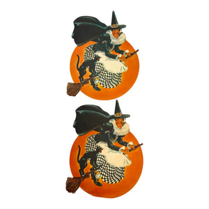 Vintage Halloween Litho Paper Witch on Broom with Black Cat Diecut ~ Set of 2 at Eerie Emporium. 2
