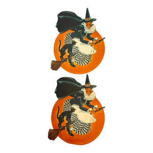Vintage Halloween Litho Paper Witch on Broom with Black Cat Diecut ~ Set of 2 at Eerie Emporium.