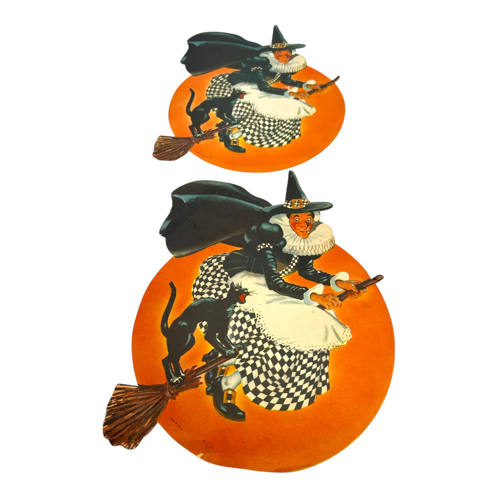 Vintage Halloween Litho Paper Witch on Broom with Black Cat Diecut ~ Set of 2 at Eerie Emporium. 3