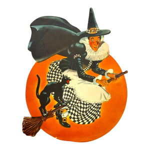 Vintage Halloween Litho Paper Witch on Broom with Black Cat Diecut ~ Set of 2 at Eerie Emporium. 4