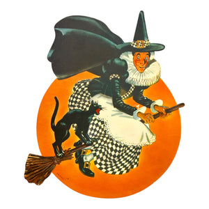 Vintage Halloween Litho Paper Witch on Broom with Black Cat Diecut ~ Set of 2 at Eerie Emporium. 5