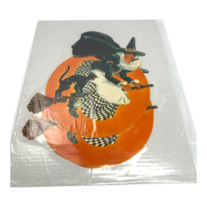 Vintage Halloween Litho Paper Witch on Broom with Black Cat Diecut ~ Set of 2 at Eerie Emporium. 6