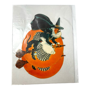 Vintage Halloween Litho Paper Witch on Broom with Black Cat Diecut ~ Set of 2 at Eerie Emporium. 7