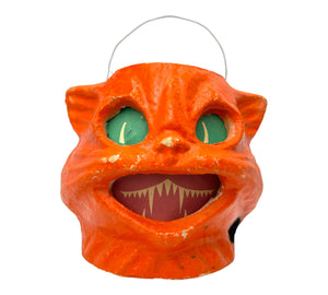 Vintage Halloween Orange Cat On Base Paper Mache Pulp Lantern ~ 1940s/1950s at Eerie Emporium. 2