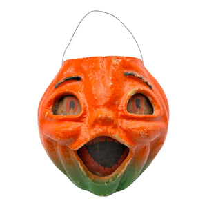 Vintage Halloween Paper Mache Jack O' Lantern with Original Face Insert 1940s at Eerie Emporium. 