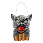 Vintage Halloween Pulp Paper Mache Black Cat On Fence w/ Original Insert ~ 1940s/1950s at Eerie Emporium.