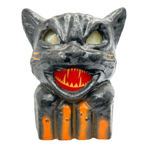 Vintage Halloween Pulp Paper Mache Black Cat On Fence w/ Original Insert ~ 1940s/1950s at Eerie Emporium. 4