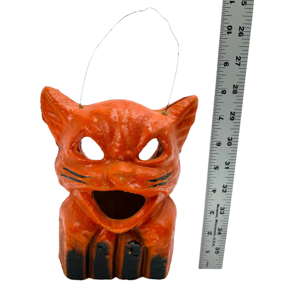 Vintage Halloween Pulp Paper Mache Cat On Fence Lantern ~ Circa 1940s at Eerie Emporium. 12