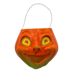 Vintage Halloween Pulp Paper Mache Jack-O'-Lantern ~ 1950s Luminous Pumpkin With Sticker Eyes at Eerie Emporium.