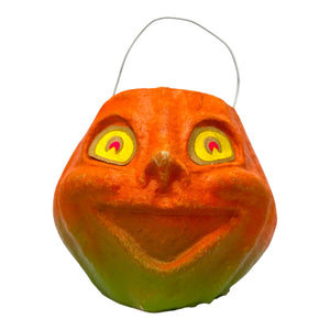 Vintage Halloween Pulp Paper Mache Jack-O'-Lantern ~ 1950s Luminous Pumpkin With Sticker Eyes at Eerie Emporium. 2
