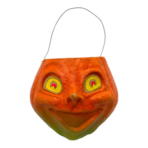 Vintage Halloween Pulp Paper Mache Jack-O'-Lantern ~ 1950s Luminous Pumpkin With Sticker Eyes at Eerie Emporium.