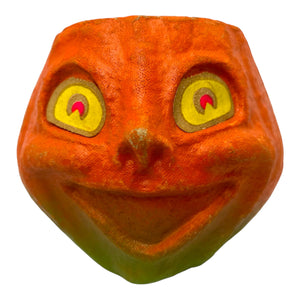 Vintage Halloween Pulp Paper Mache Jack-O'-Lantern ~ 1950s Luminous Pumpkin With Sticker Eyes at Eerie Emporium. 3