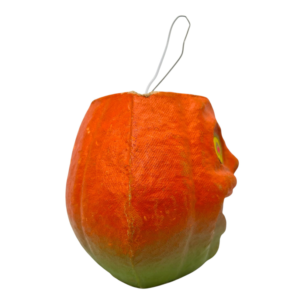 Vintage Halloween Pulp Paper Mache Jack-O'-Lantern ~ 1950s Luminous Pumpkin With Sticker Eyes at Eerie Emporium. 6