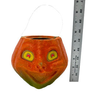 Vintage Halloween Pulp Paper Mache Jack-O'-Lantern ~ 1950s Luminous Pumpkin With Sticker Eyes at Eerie Emporium. 8