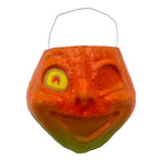 Vintage Halloween Pulp Paper Mache Jack O' Lantern ~ 1950s Luminous Pumpkin With Sticker Eye at Eerie Emporium.
