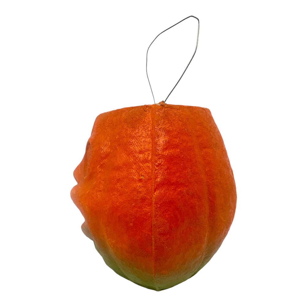 Vintage Halloween Pulp Paper Mache Jack O' Lantern ~ 1950s Luminous Pumpkin With Sticker Eye at Eerie Emporium.