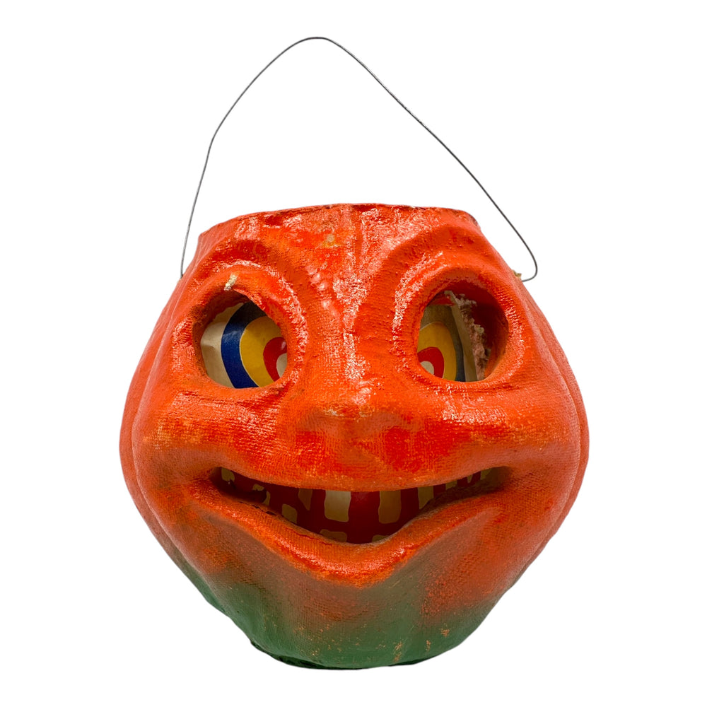 Vintage Halloween Pulp Paper Mache Pumpkin JOL with Original Face Insert from the 1930s - 1950s at Eerie Emporium.