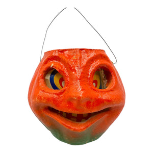 Vintage Halloween Pulp Paper Mache Pumpkin JOL with Original Face Insert from the 1930s - 1950s at Eerie Emporium.