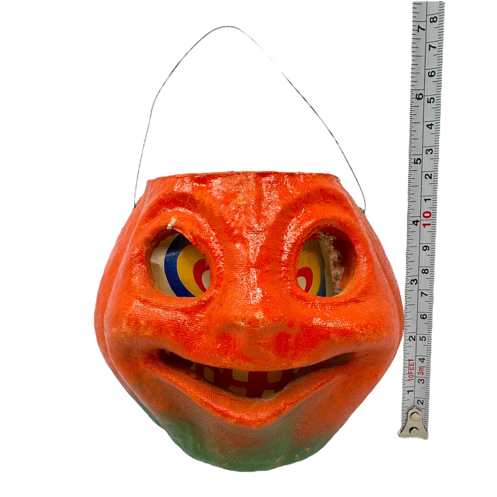 Vintage Halloween Pulp Paper Mache Pumpkin JOL with Original Face Insert from the 1930s - 1950s at Eerie Emporium.