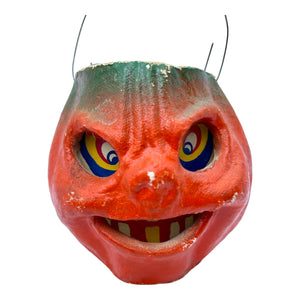 Vintage Halloween Pulp Paper Mache Pumpkin Jack-O'-Lantern with Sinister Smile at Eerie Emporium.