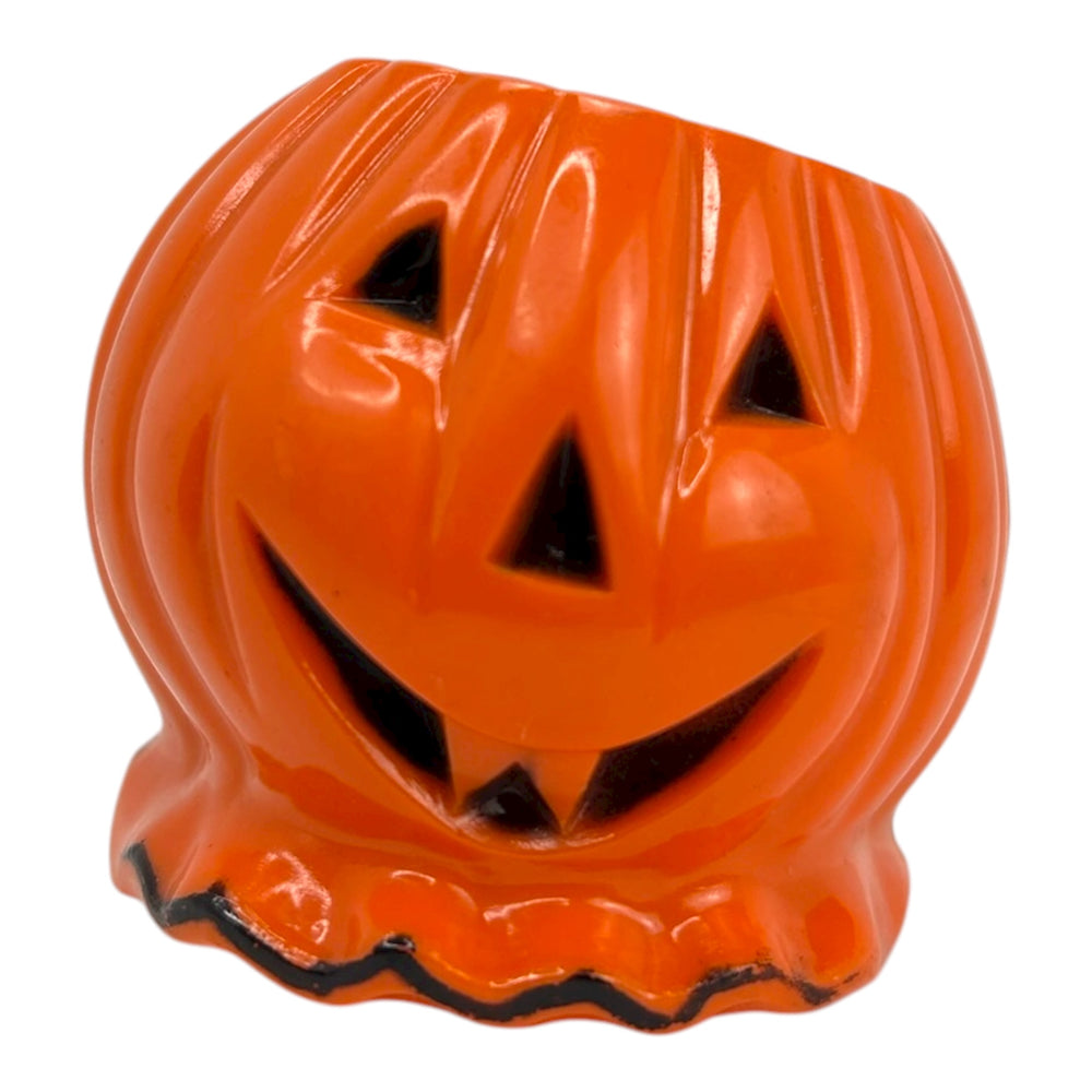Vintage Halloween Rosbro Jack-O'-Lantern Candy Container with Fangs ~ Black/Orange at Eerie Emporium.