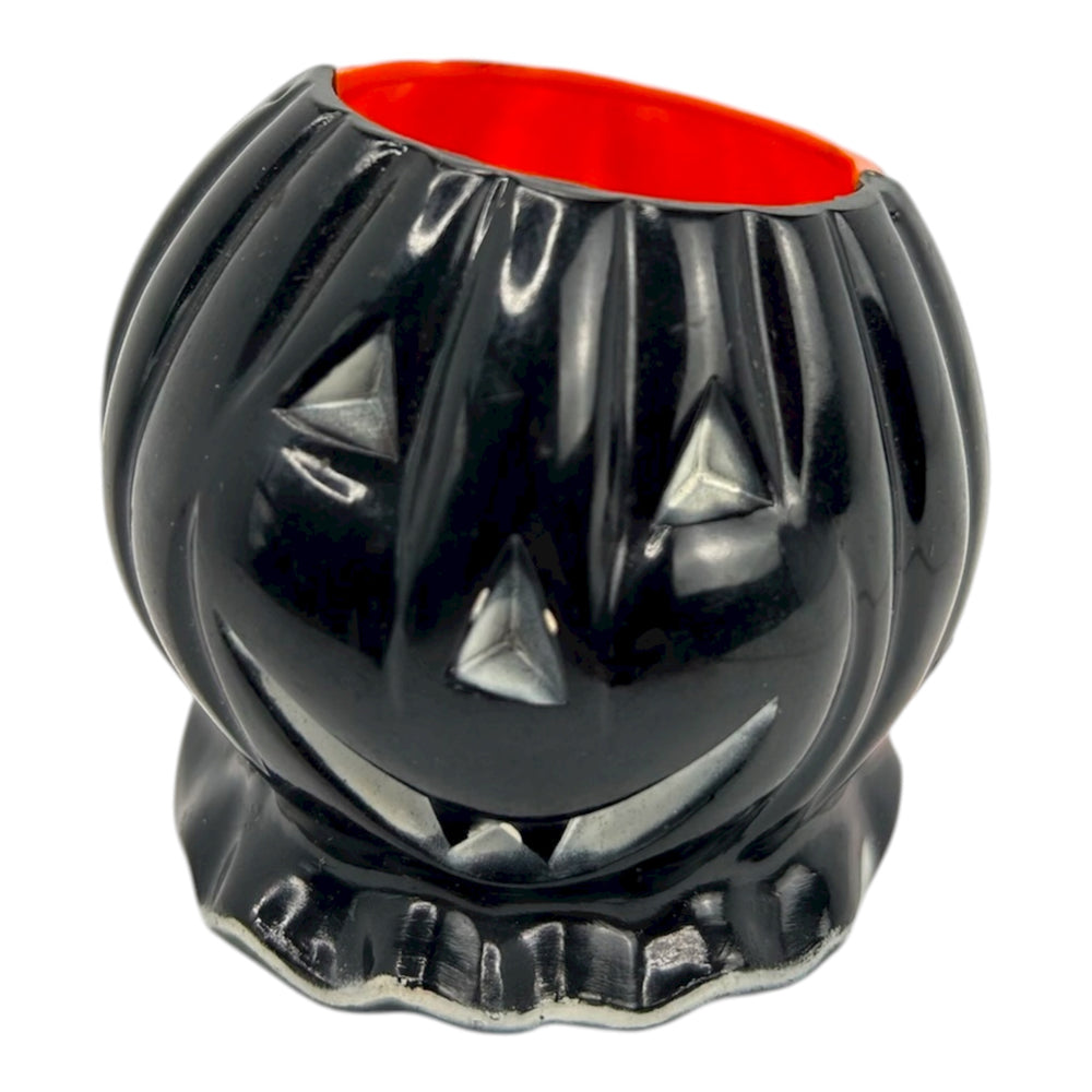 Vintage Halloween Rosbro Jack-O'-Lantern Candy Container with Fangs ~ Black/White Face from the 1950s at Eerie Emporium. 