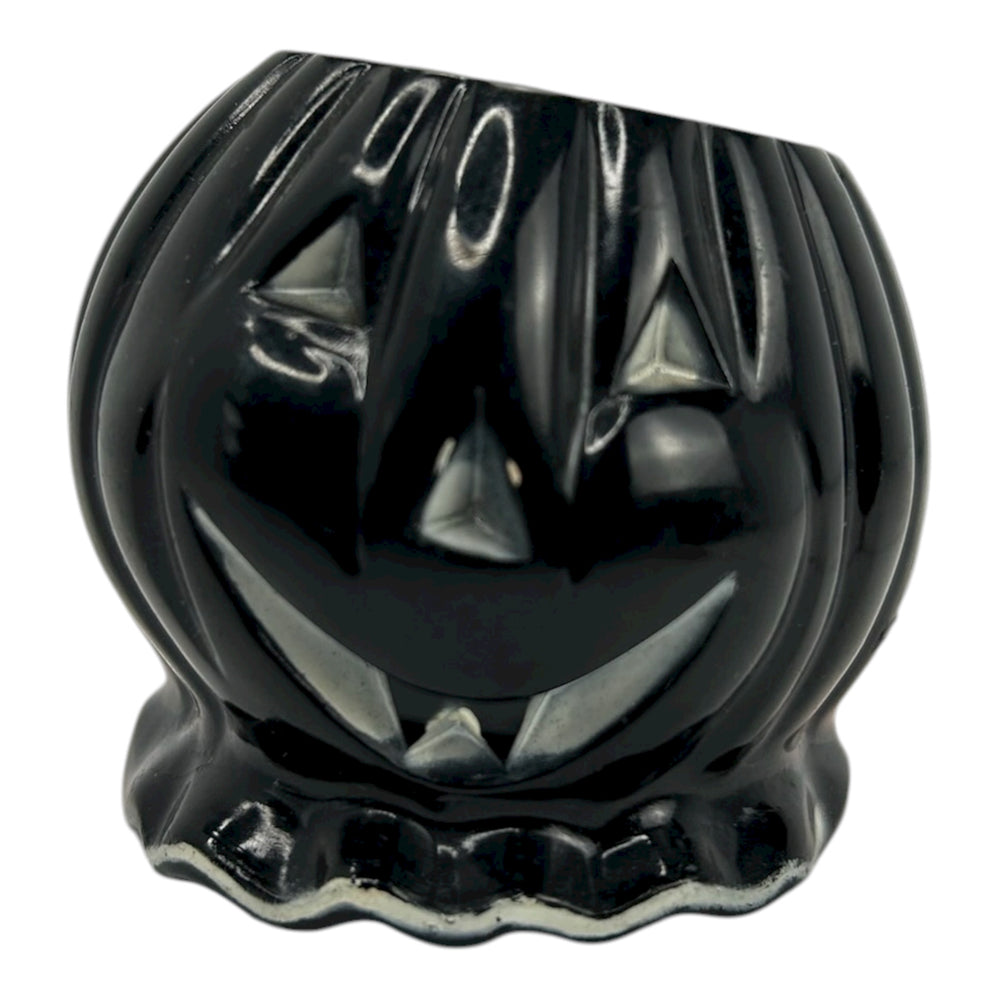 Vintage Halloween Rosbro Jack-O'-Lantern Candy Container with Fangs ~ Black/White Face from the 1950s at Eerie Emporium. 2