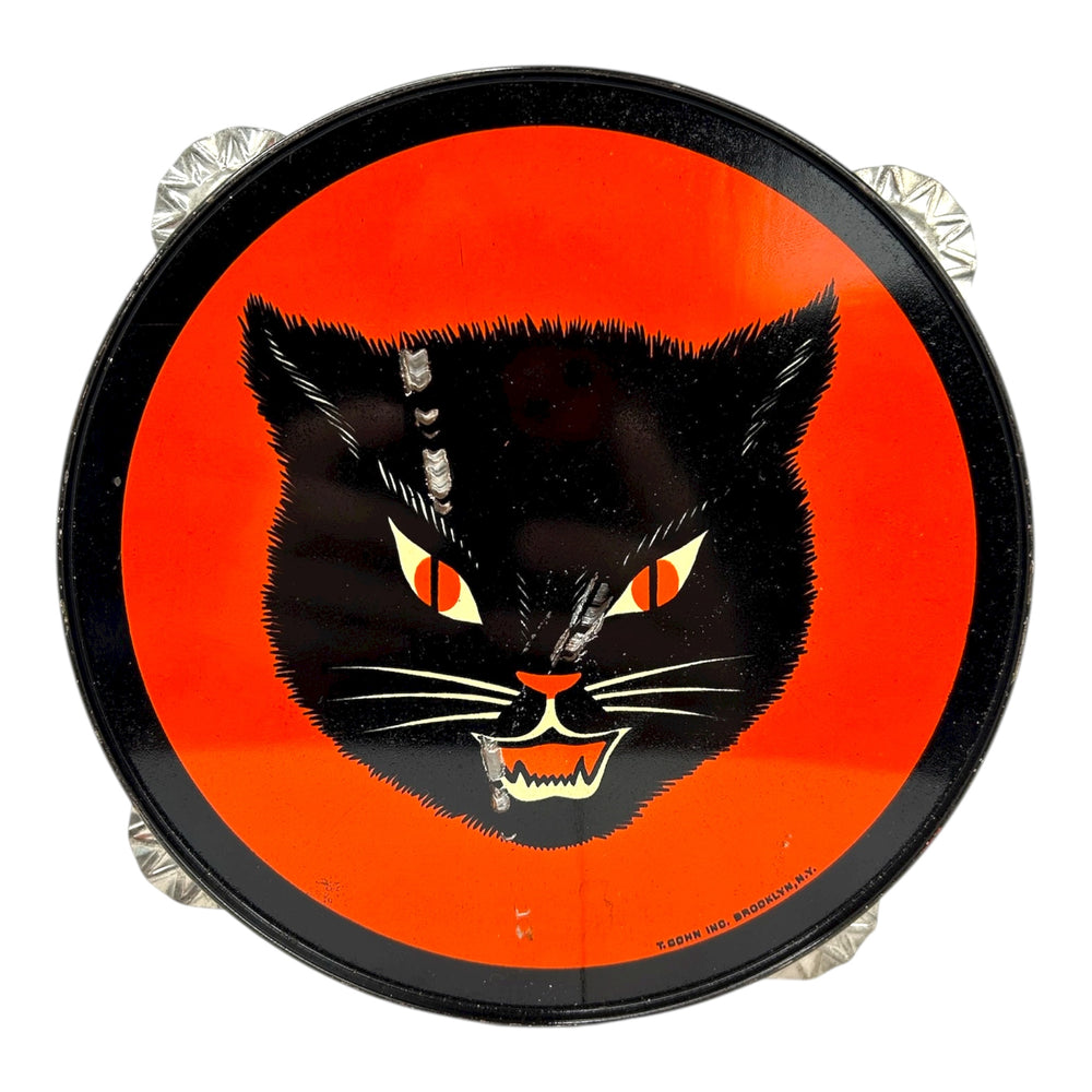 Vintage Halloween T. Cohn Black Cat Tin Tambourine Noisemaker ~ 1940s / 1950s at Eerie Emporium. 