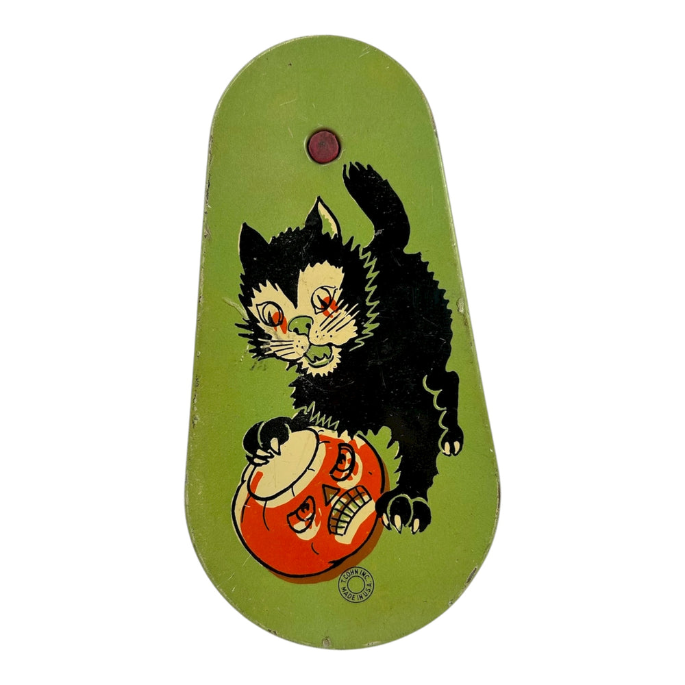 Vintage Halloween T. Cohn Black Cat w/ JOL Oblong Tin Ratchet ~ Green 1950s at Eerie Emporium.