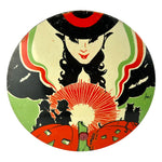 Vintage Halloween T. Cohn Tin Litho Ratchet Noisemaker Witch w/ Green Coloring 1930s at Eerie Emporium.