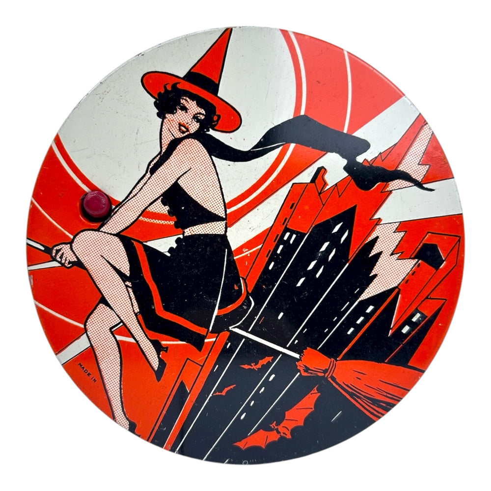 Vintage Halloween T. Cohn Tin Ratchet Art Deco Witch Noisemaker ~ 1930s at Eerie Emporium. 