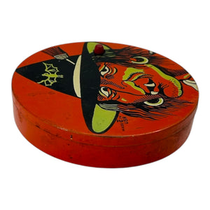Vintage Halloween T. Cohn Tin Ratchet Noisemaker Scary Witch with Fangs + Green Coloring at Eerie Emporium. 4