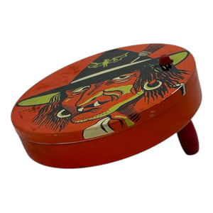 Vintage Halloween T. Cohn Tin Ratchet Noisemaker Scary Witch with Fangs + Green Coloring at Eerie Emporium. 5