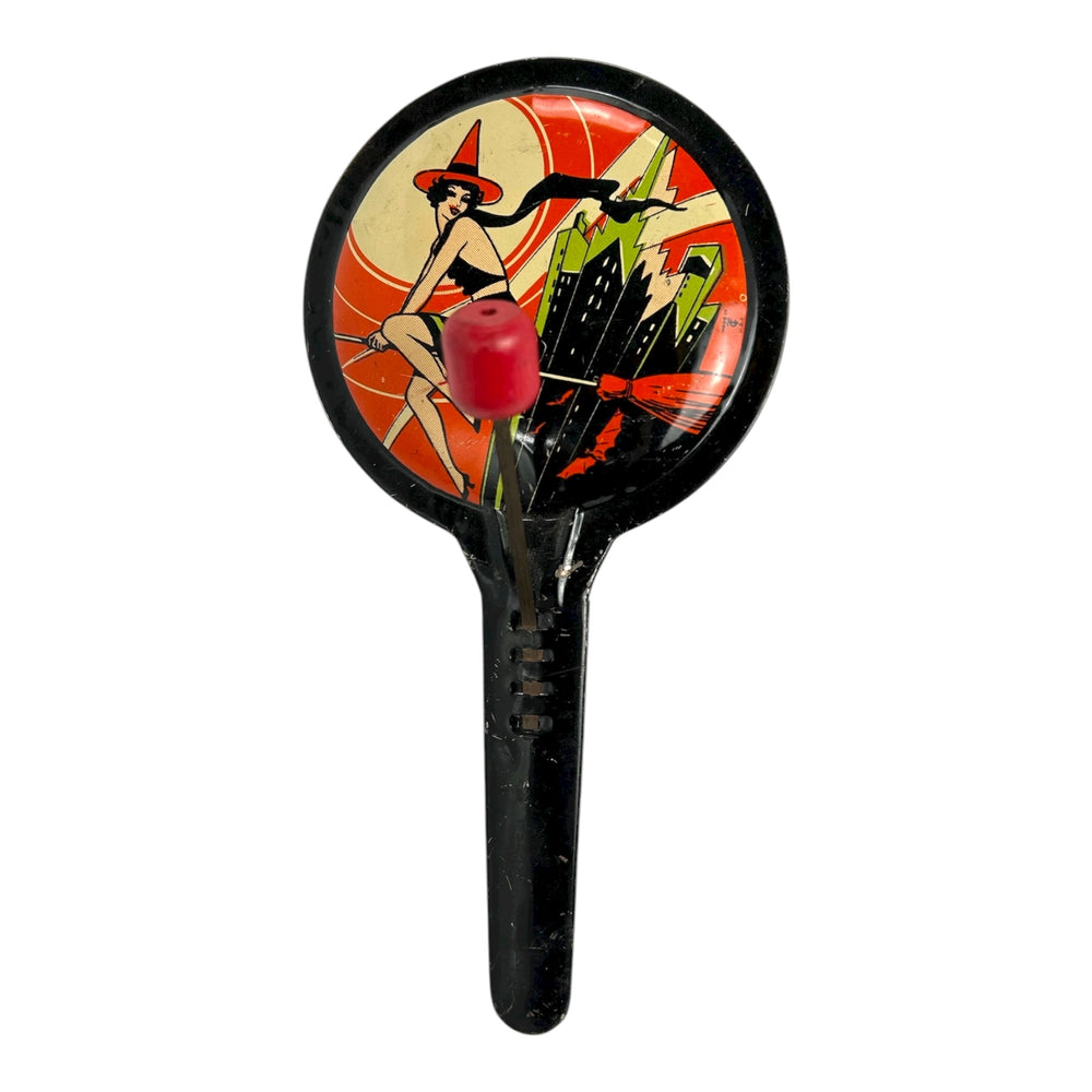 Vintage Halloween T. Cohn Witch Noisemaker Pan Clanger ~ 1930s USA Art Deco at Eerie Emporium.