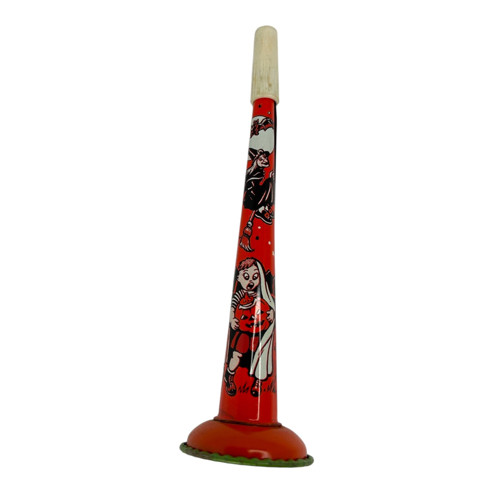 Vintage Halloween Tin Litho Horn Noisemaker US Metal Toy 1950s Witch JOL Owl at Eerie Emporium. 