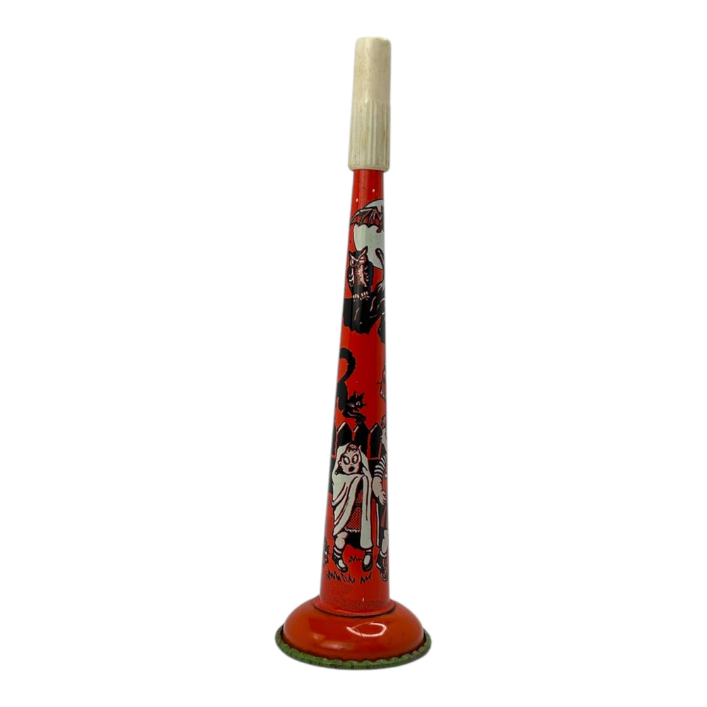 Vintage Halloween Tin Litho Horn Noisemaker US Metal Toy 1950s Witch JOL Owl at Eerie Emporium. 2