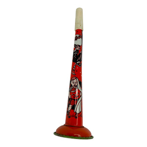 Vintage Halloween Tin Litho Horn Noisemaker US Metal Toy 1950s Witch JOL Owl at Eerie Emporium. 
