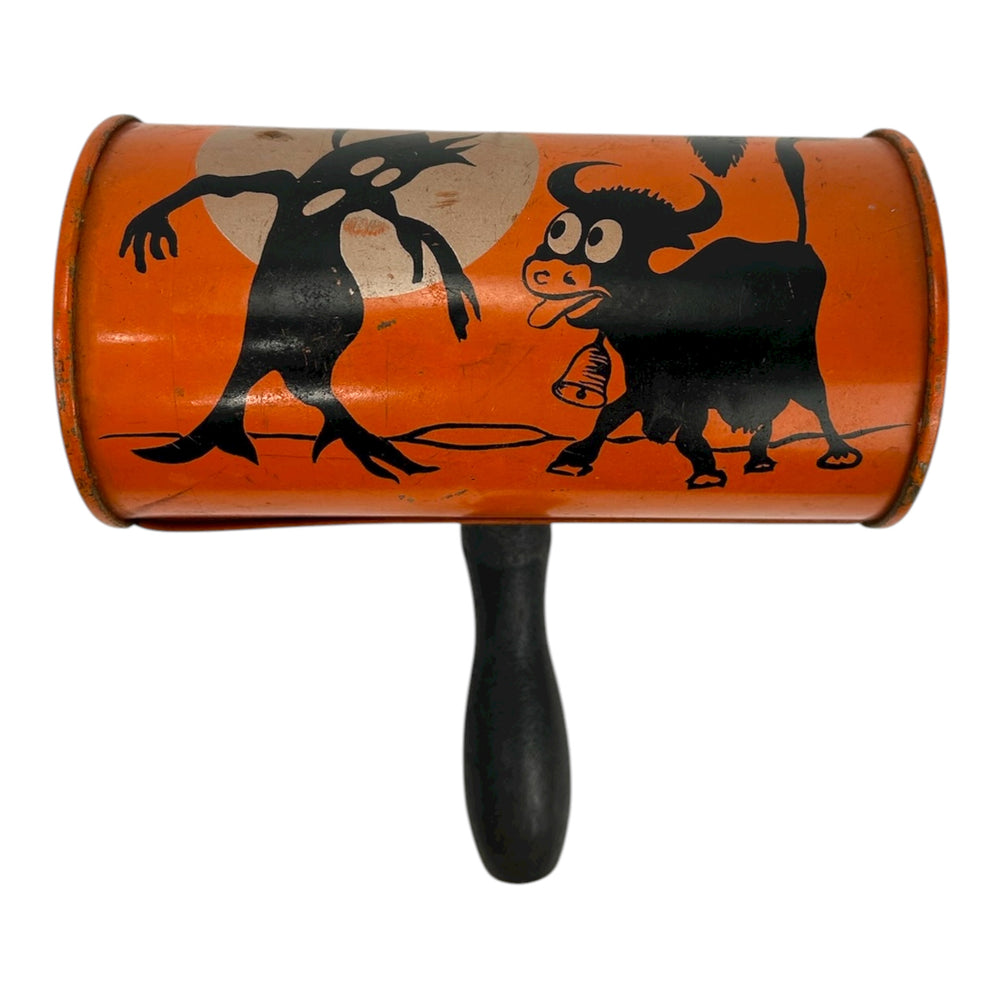 Vintage Halloween Tin Shaker Noisemaker Cow Jack-O-Lantern Spooky Tree Cat ~ 1920s at Eerie Emporium. 