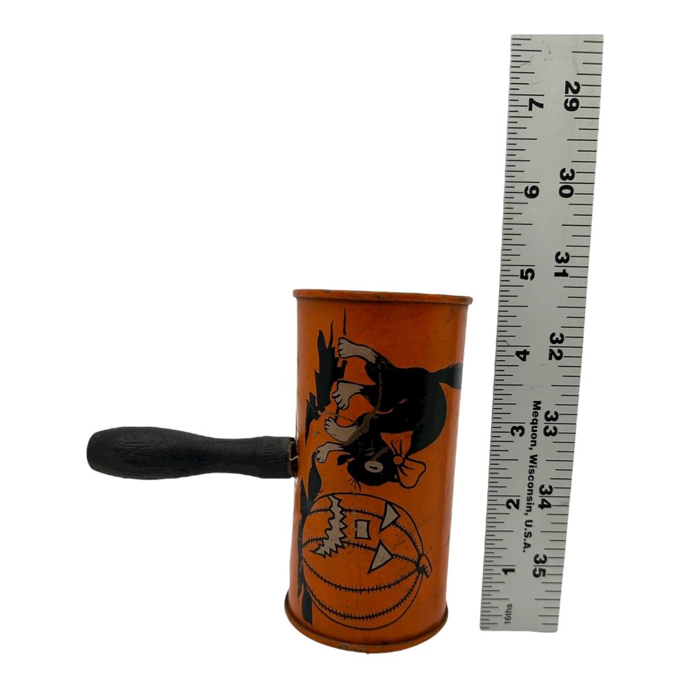Vintage Halloween Tin Shaker Noisemaker Cow Jack-O-Lantern Spooky Tree Cat ~ 1920s at Eerie Emporium. 10