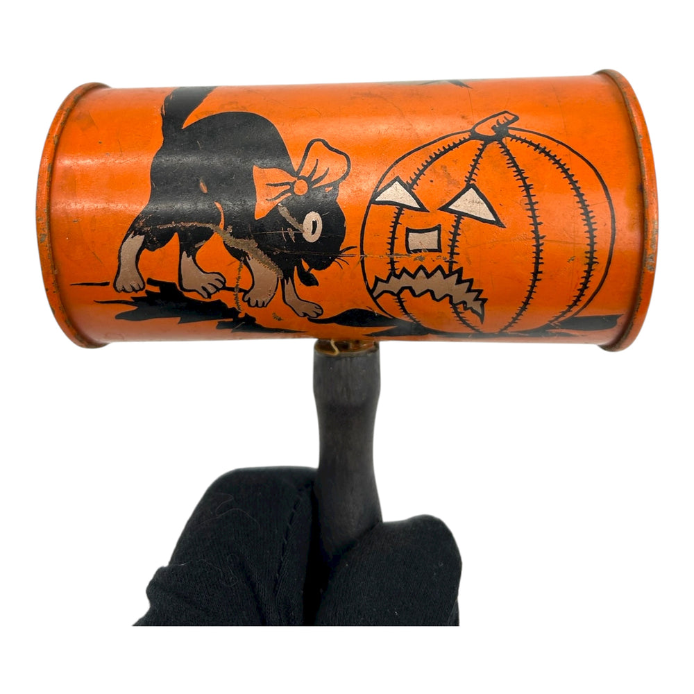 Vintage Halloween Tin Shaker Noisemaker Cow Jack-O-Lantern Spooky Tree Cat ~ 1920s at Eerie Emporium. 4