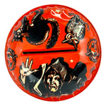 Vintage Halloween US Metal Toy Rattler Noisemaker Tin ~ 1950s Witch Black Cat Owl & JOLs at Eerie Emporium. 