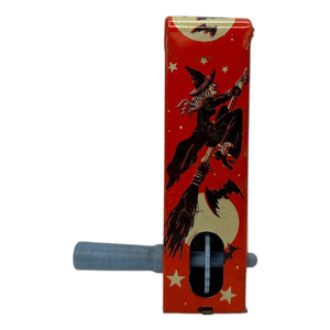 Vintage Halloween US Metal Toy Tin Four-Sided Witch Noisemaker Ratchet w/ Original Handle ~ 1940s at Eerie Emporium. 2