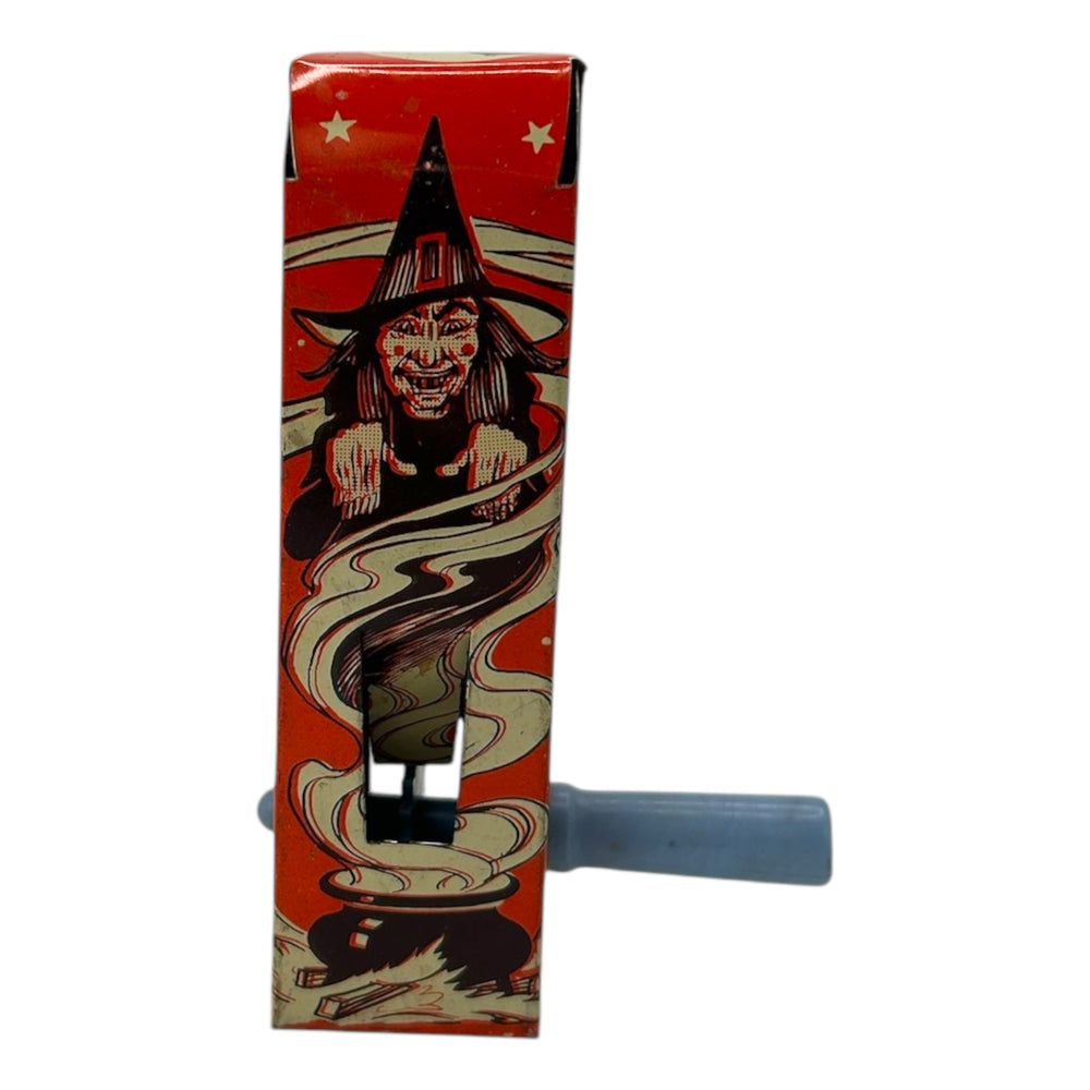Vintage Halloween US Metal Toy Tin Four-Sided Witch Noisemaker Ratchet w/ Original Handle ~ 1940s at Eerie Emporium. 
