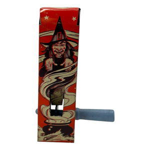 Vintage Halloween US Metal Toy Tin Four-Sided Witch Noisemaker Ratchet w/ Original Handle ~ 1940s at Eerie Emporium. 