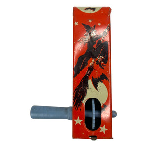 Vintage Halloween US Metal Toy Tin Four-Sided Witch Noisemaker Ratchet w/ Original Handle ~ 1940s at Eerie Emporium. 3