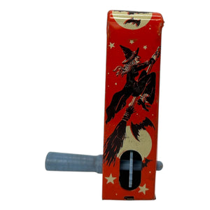 Vintage Halloween US Metal Toy Tin Four-Sided Witch Noisemaker Ratchet w/ Original Handle ~ 1940s at Eerie Emporium. 4