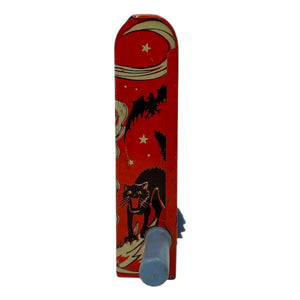 Vintage Halloween US Metal Toy Tin Four-Sided Witch Noisemaker Ratchet w/ Original Handle ~ 1940s at Eerie Emporium. 5