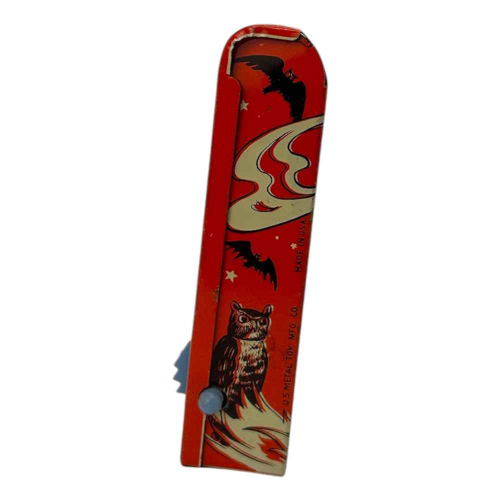 Vintage Halloween US Metal Toy Tin Four-Sided Witch Noisemaker Ratchet w/ Original Handle ~ 1940s at Eerie Emporium. 6