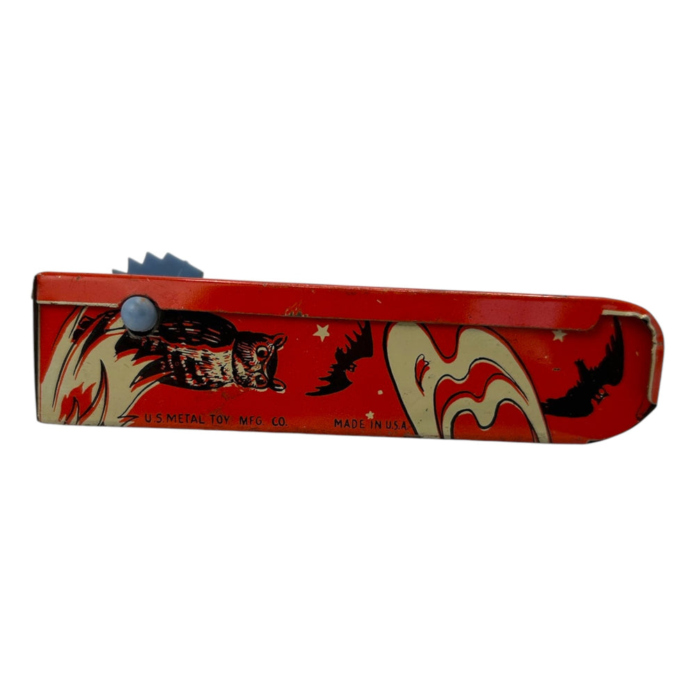 Vintage Halloween US Metal Toy Tin Four-Sided Witch Noisemaker Ratchet w/ Original Handle ~ 1940s at Eerie Emporium. 7