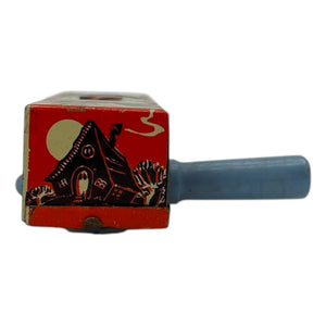 Vintage Halloween US Metal Toy Tin Four-Sided Witch Noisemaker Ratchet w/ Original Handle ~ 1940s at Eerie Emporium. 8